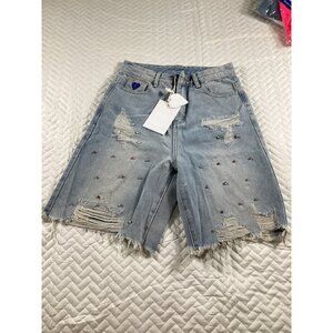 Aelfric Eden Mens Jean Shorts Light Blue Size 26 Rhinestone Distressed NWT